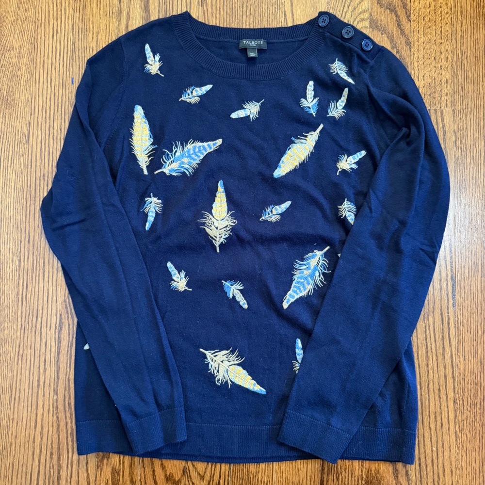 Talbots Petites Navy Lightweight Sweater Embroidered Feathers Size MP